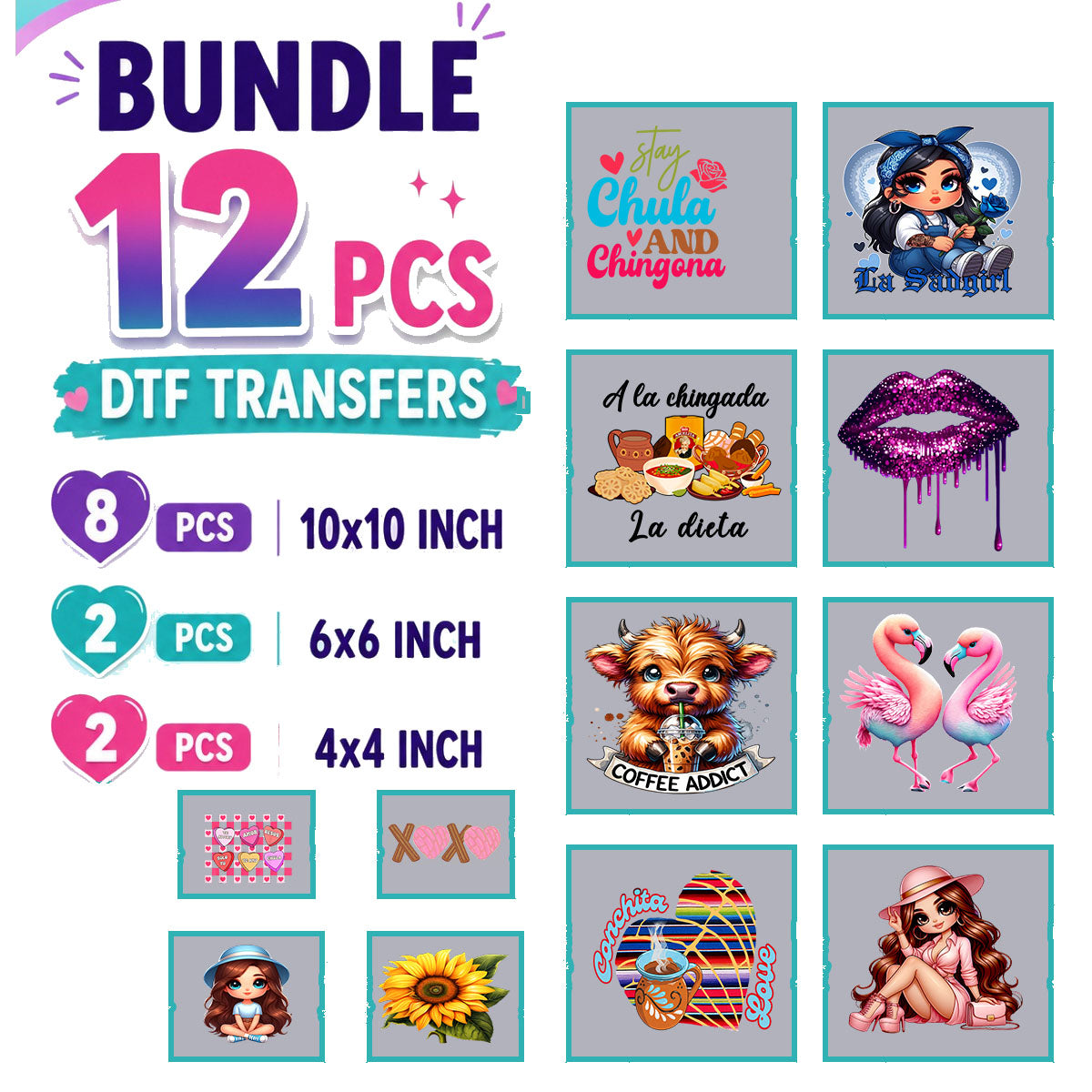 Bundle de 12 DTF Transfers Listos para Planchar