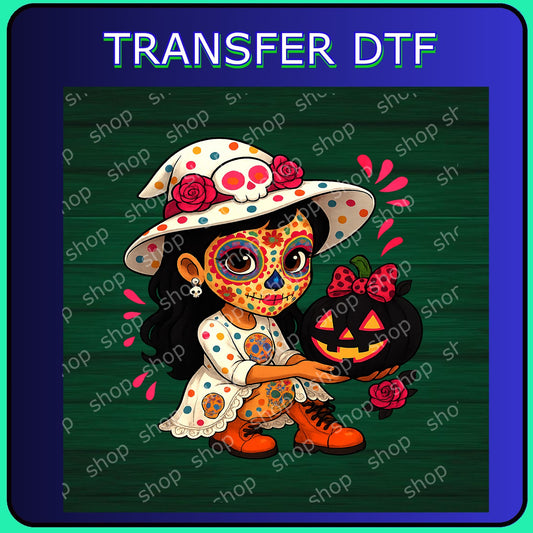 DTF Niña Catrina con Sombrero Blanco y Calabaza 🎨✨