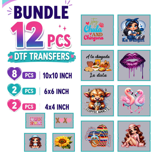 Bundle de 12 DTF Transfers Listos para Planchar